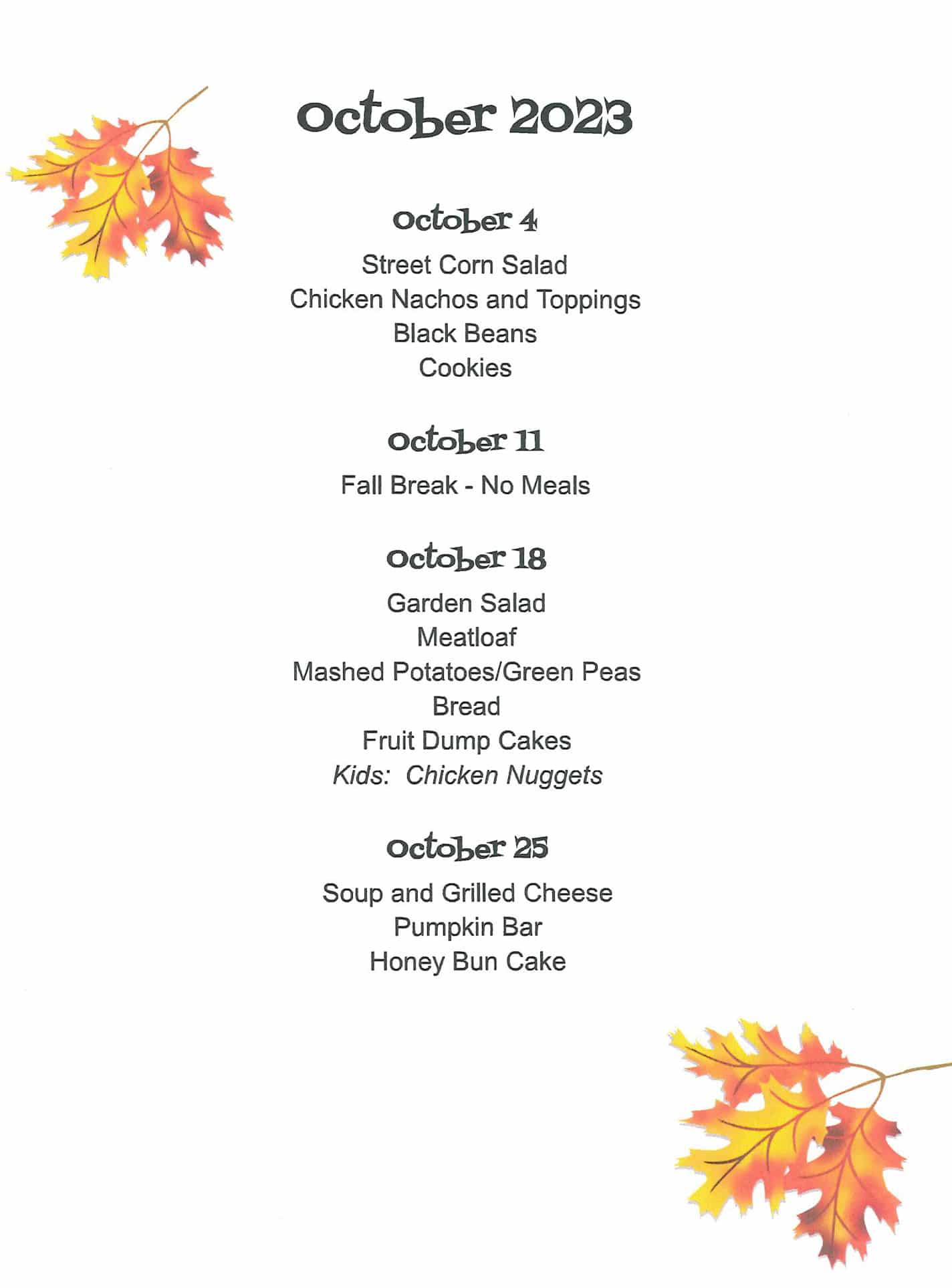 FBC-OCTOBER 2023 LUNCH MENU